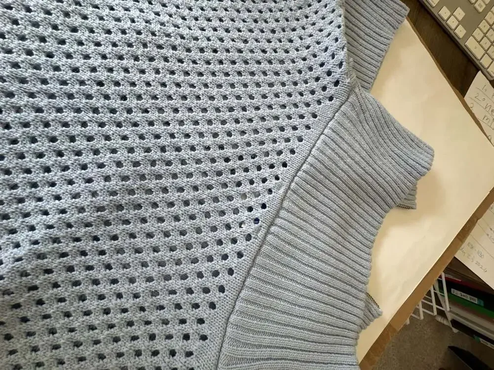 SHE+SKY Light Blue Pointelle Knit Half-Zip Short Sleeve Sweater